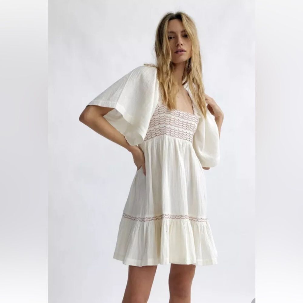 Free People Easy to Love Mini Dress Smocked Cute Romantic Babydoll Ivory Sz S